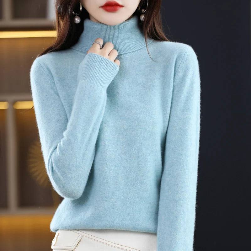 100% Merino Wool Cashmere Sweater Women Knitted Sweater Turtleneck Long Sleeve Pullovers Autumn Winter Clothing Warm Jumper Tops