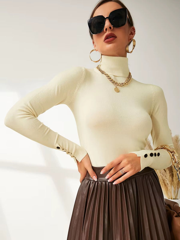 New Winter Spring Women Button Cuff Knit Turtleneck Pullover Loose Sweater Female Korean Fashion Jumper Tops Y2K Clothes Pulls