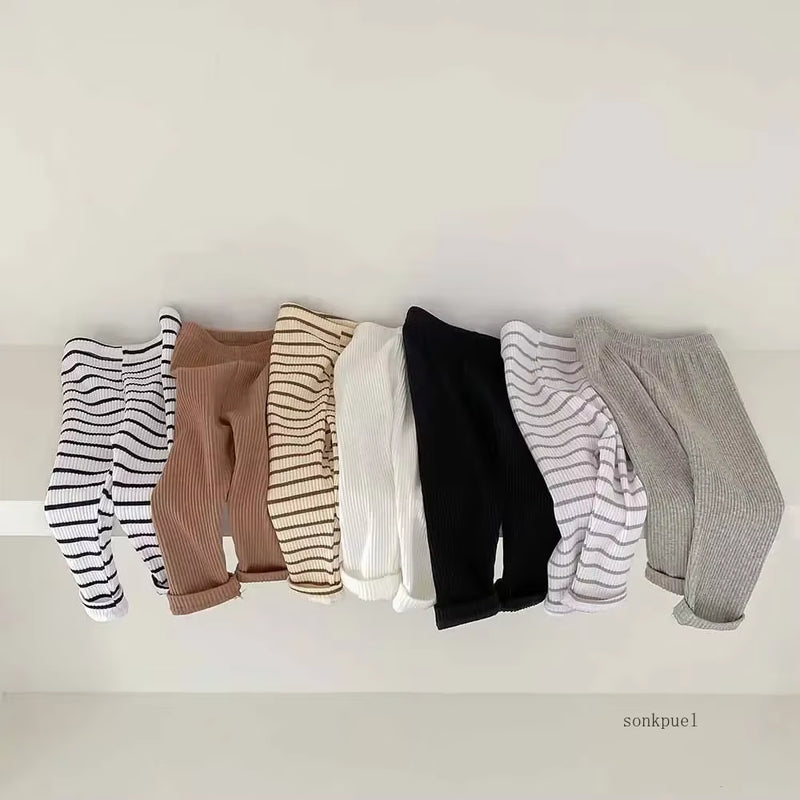Baby Solid Leggings Girls All-Match Striped Skinny Pants Kids Cotton Elasticity Slim Pants Newborn Boy Stretch Trousers
