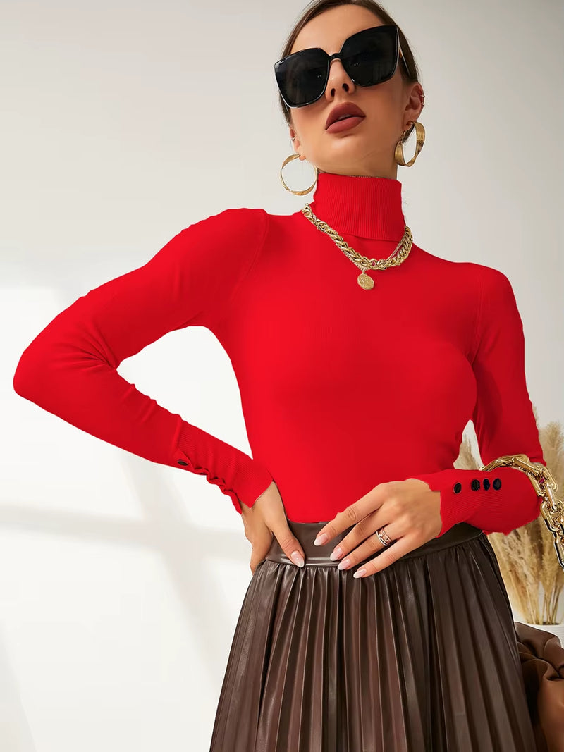 New Winter Spring Women Button Cuff Knit Turtleneck Pullover Loose Sweater Female Korean Fashion Jumper Tops Y2K Clothes Pulls