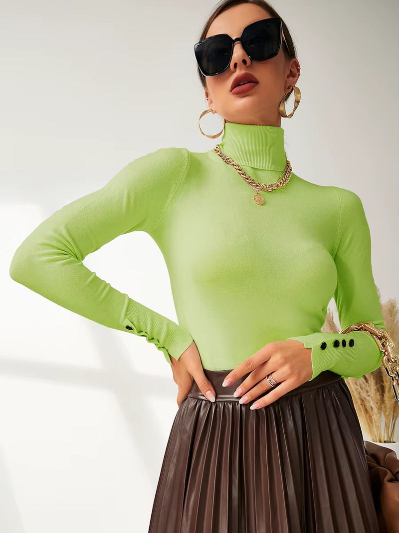 New Winter Spring Women Button Cuff Knit Turtleneck Pullover Loose Sweater Female Korean Fashion Jumper Tops Y2K Clothes Pulls