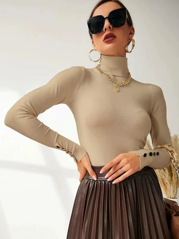 New Winter Spring Women Button Cuff Knit Turtleneck Pullover Loose Sweater Female Korean Fashion Jumper Tops Y2K Clothes Pulls