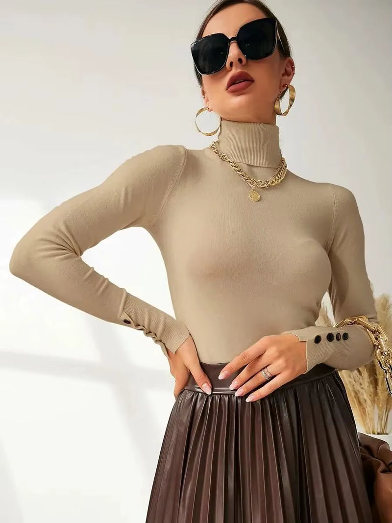 New Winter Spring Women Button Cuff Knit Turtleneck Pullover Loose Sweater Female Korean Fashion Jumper Tops Y2K Clothes Pulls