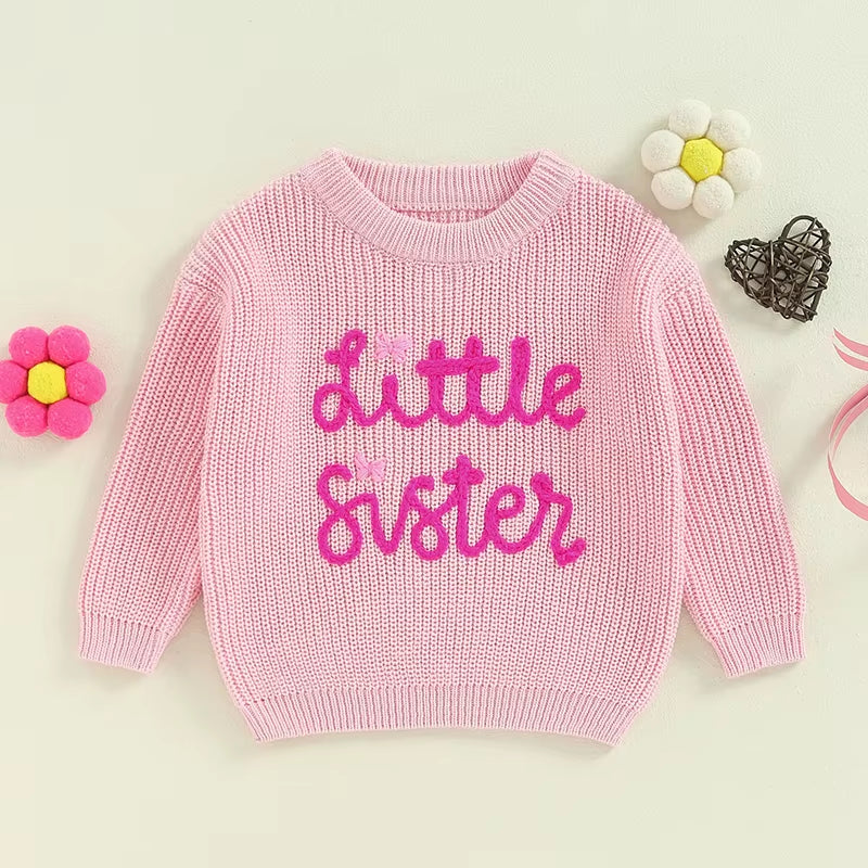 Big Sister Little Sister Matching Jumper Embroidered Letter Knitted Sweater Long Sleeve Sweatshirt Pullover Top Outfit