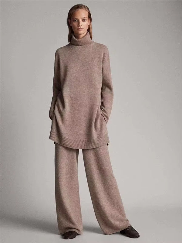 Luxury Two Pieces 45% Cashmere + 30% Wool Suits Female Turtleneck Warm Mink Cashmere Knit Tops + Wide Leg Wool Pant Sets F688