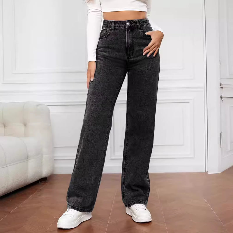 Fashion Retro Blue Jeans Women Y2K High Street Baggy Straight Pants High Waisted All-In-One Slim Pants