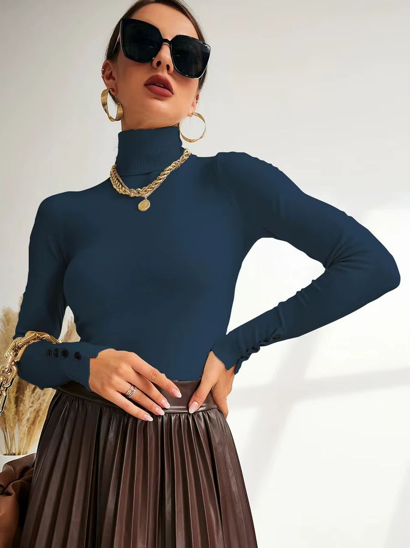 New Winter Spring Women Button Cuff Knit Turtleneck Pullover Loose Sweater Female Korean Fashion Jumper Tops Y2K Clothes Pulls