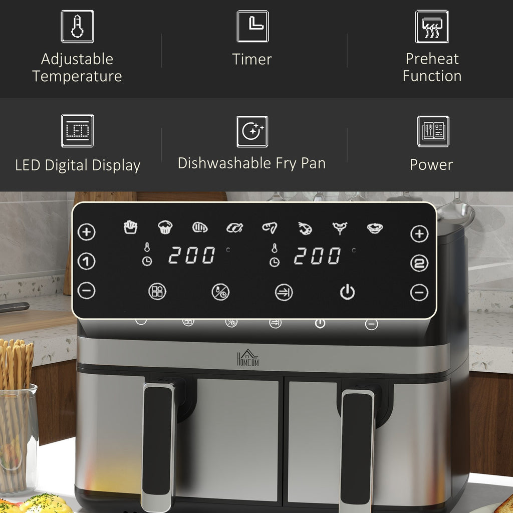 Dual Air Fryer, 8.5L Double Air Fryer with 8 Presets, Smart Finish, 2700W