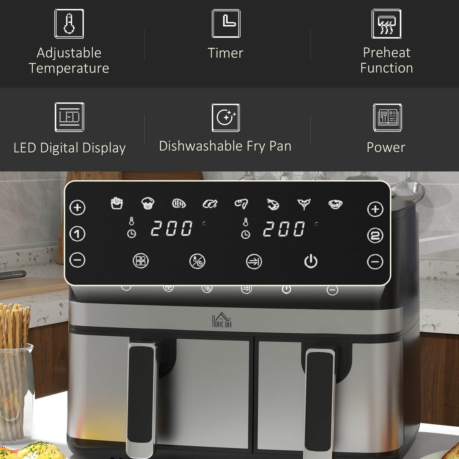 Dual Air Fryer, 8.5L Double Air Fryer with 8 Presets, Smart Finish, 2700W