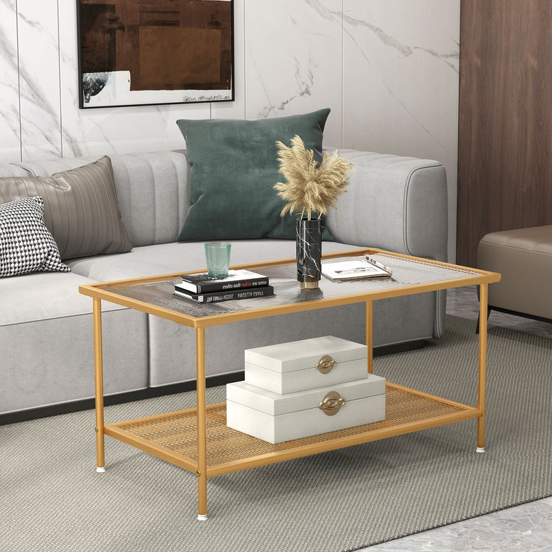 2-Tier Coffee Table with Shelf Tempered Glass Top
