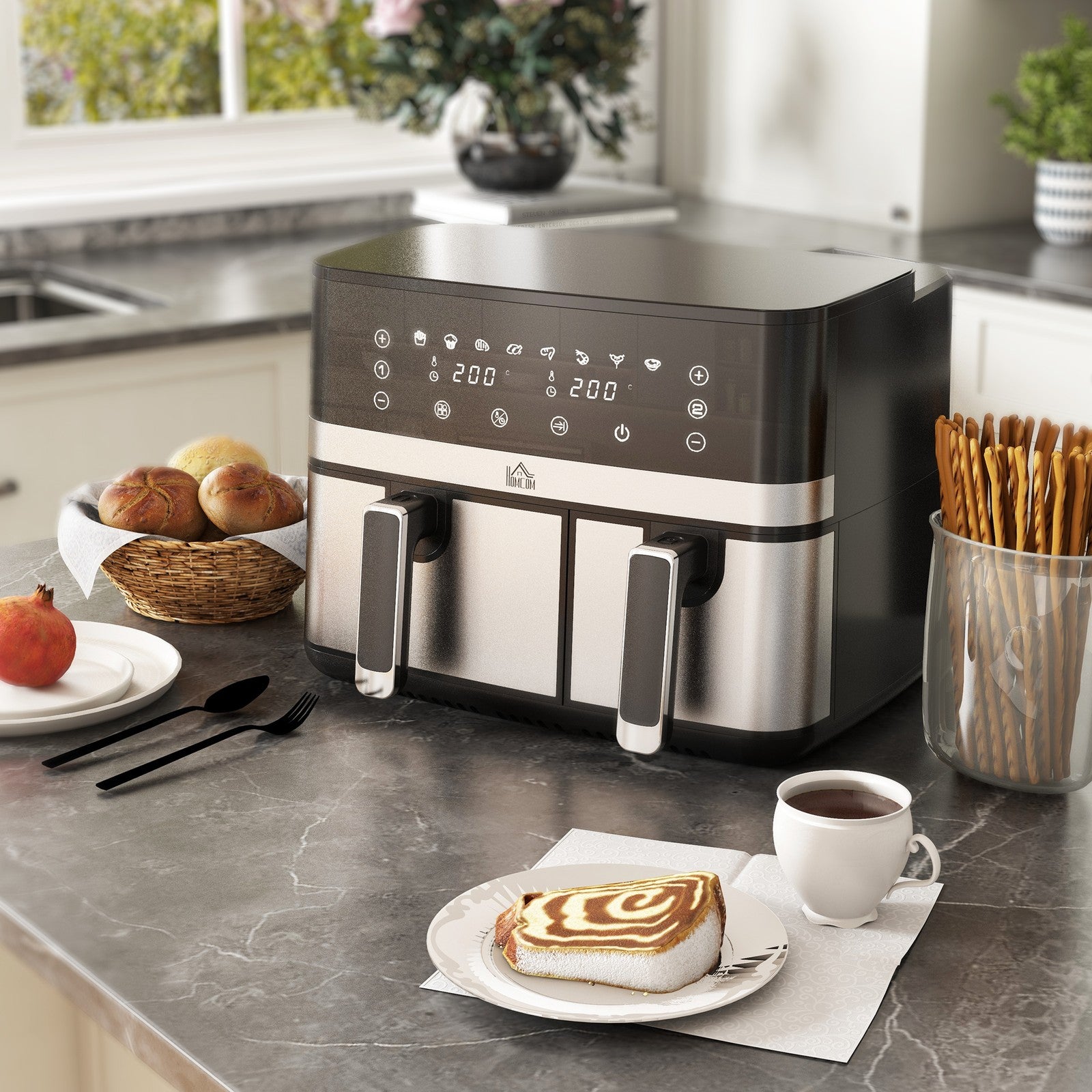 Dual Air Fryer, 8.5L Double Air Fryer with 8 Presets, Smart Finish, 2700W