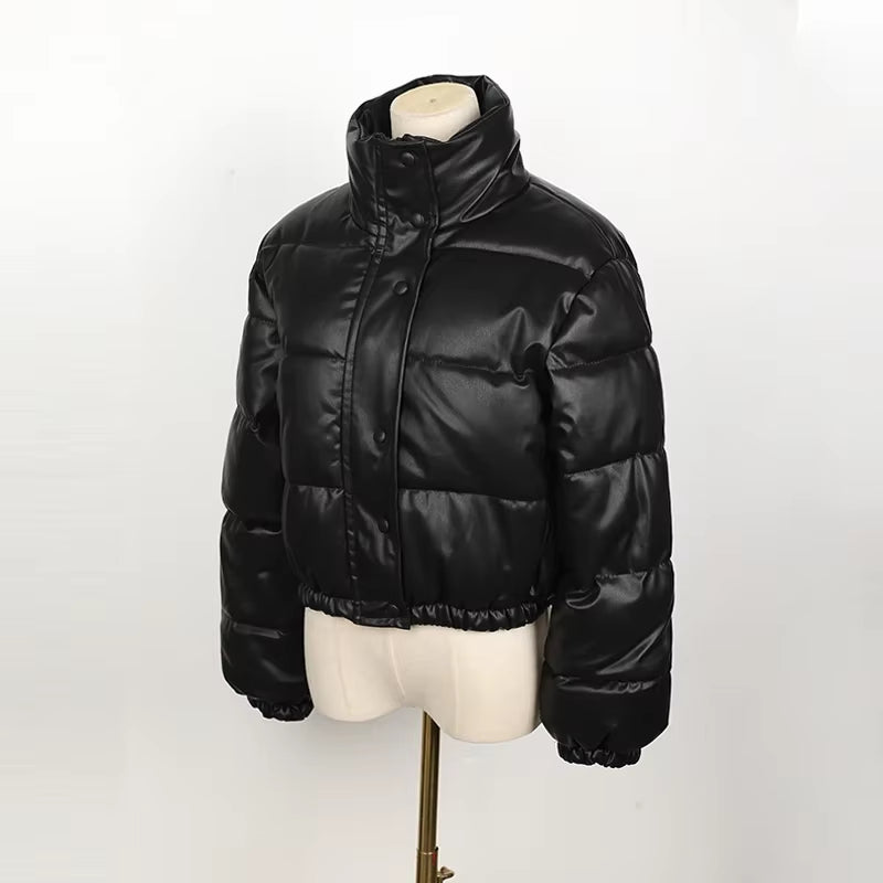 Winter Parka Coat Women'S Jacket Thick Warm Women Fashion Black PU Leather Coats Women Elegant Zipper Faux Leather Jackets Tops
