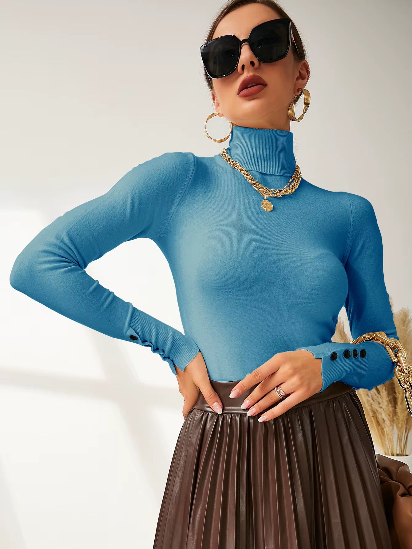 New Winter Spring Women Button Cuff Knit Turtleneck Pullover Loose Sweater Female Korean Fashion Jumper Tops Y2K Clothes Pulls