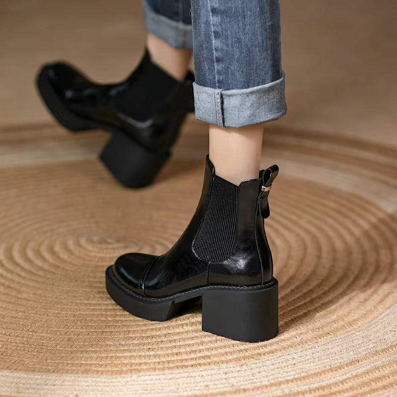2024 Winter Genuine Leather Ankle Boots Women Shoes Retro round Toe Women Boots Platform Boots Womens Heels Chunky Boots