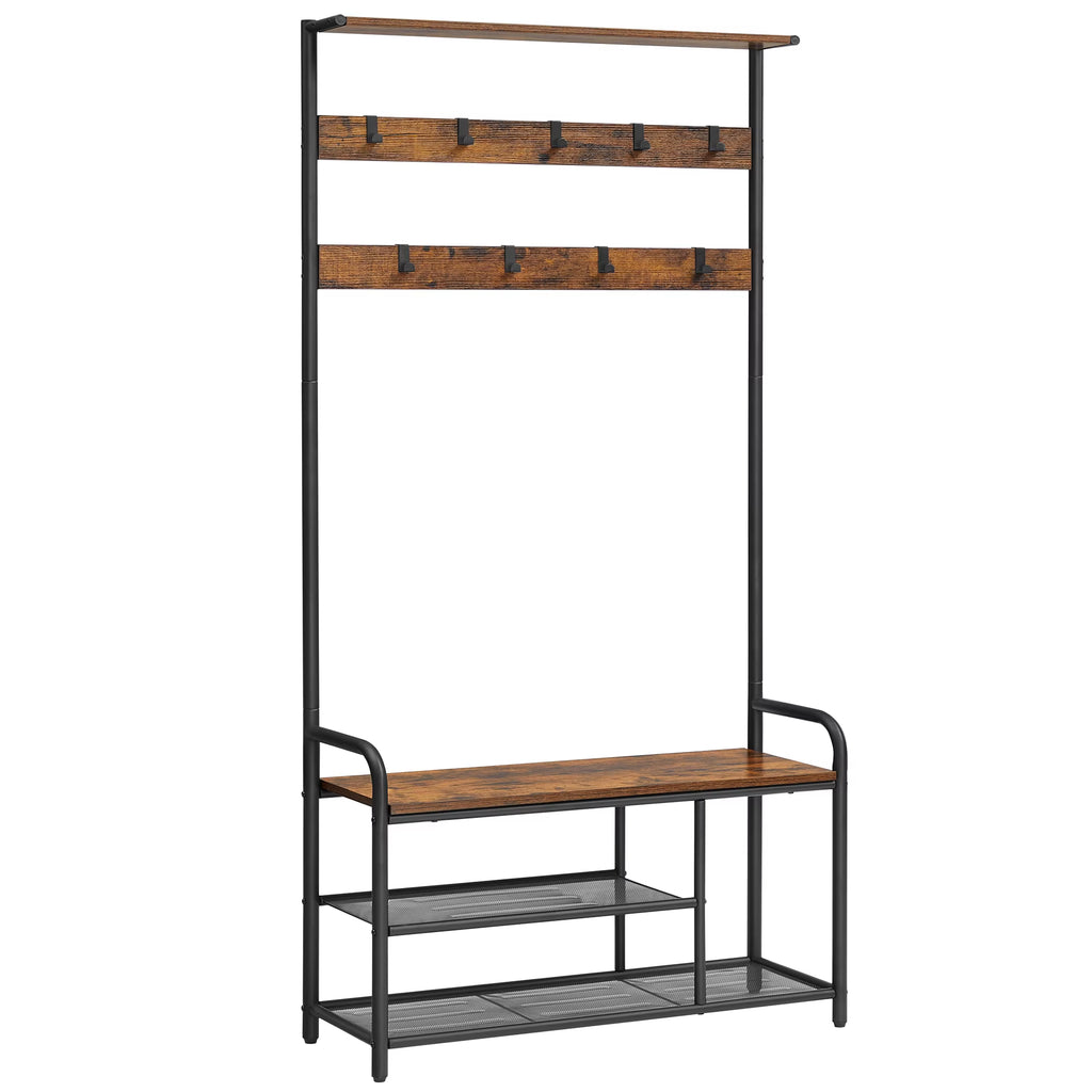 Coat Stand Rack, Coat and Shoe Storage Hallway, Coat Tree with Shoe Bench, 9 Removable Hooks, Top Shelf