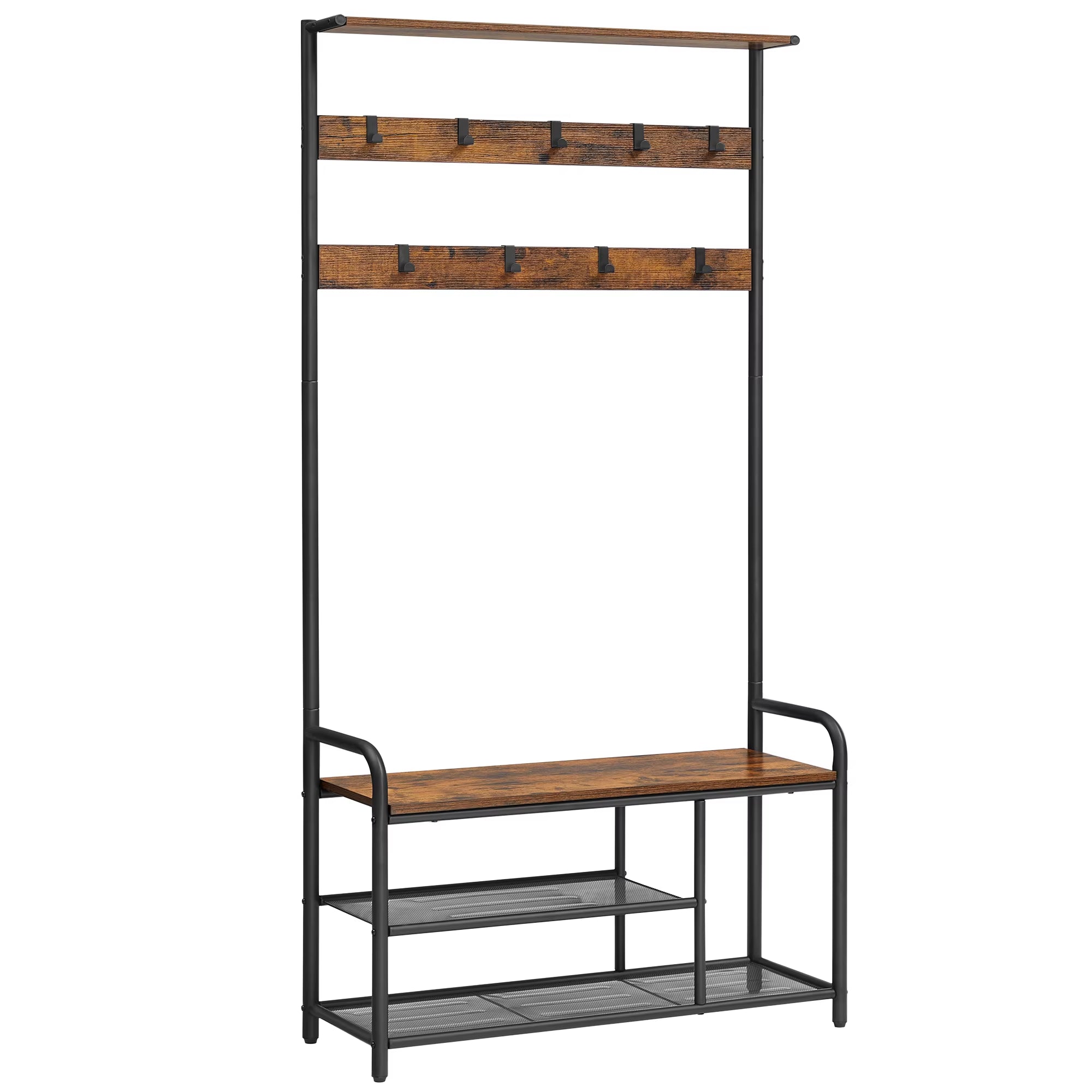 Coat Stand Rack, Coat and Shoe Storage Hallway, Coat Tree with Shoe Bench, 9 Removable Hooks, Top Shelf