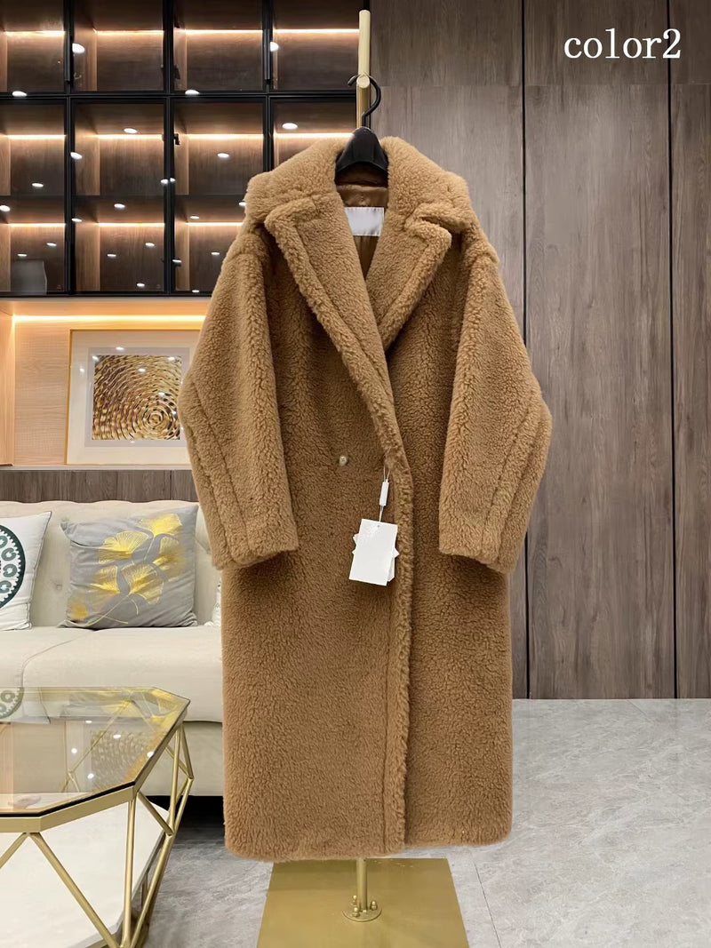 Real Fur Coat Wool Jacket Women Autumn Winter Thick Warm Soft Fleece Jacket Pocket Outerwear Overcoat Bear Teddy