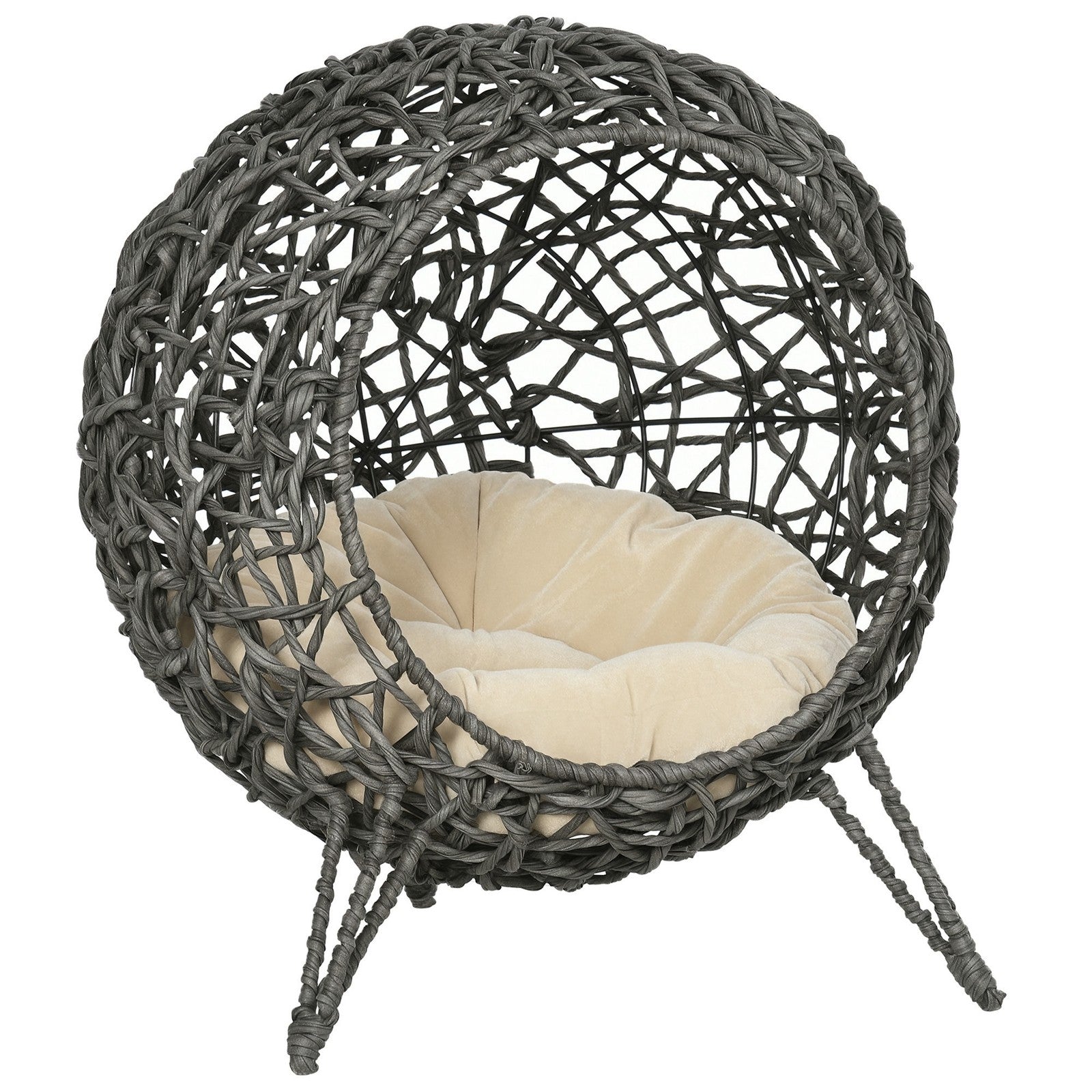 Pawhut Rattan Elevated Cat House Kitten Bed Pet Furniture W/ Cushion Grey
