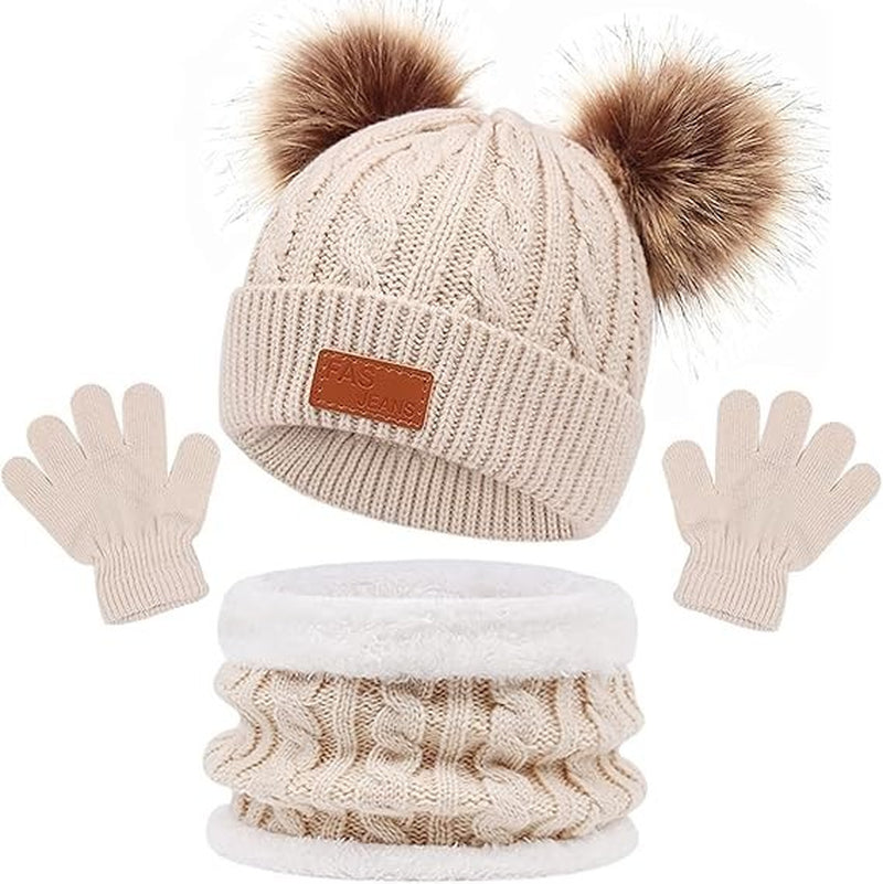 Kids Winter Hat Scarf Gloves Set 3-In-1 Warm Knit Beanie Cap Neck Warmer Mittens