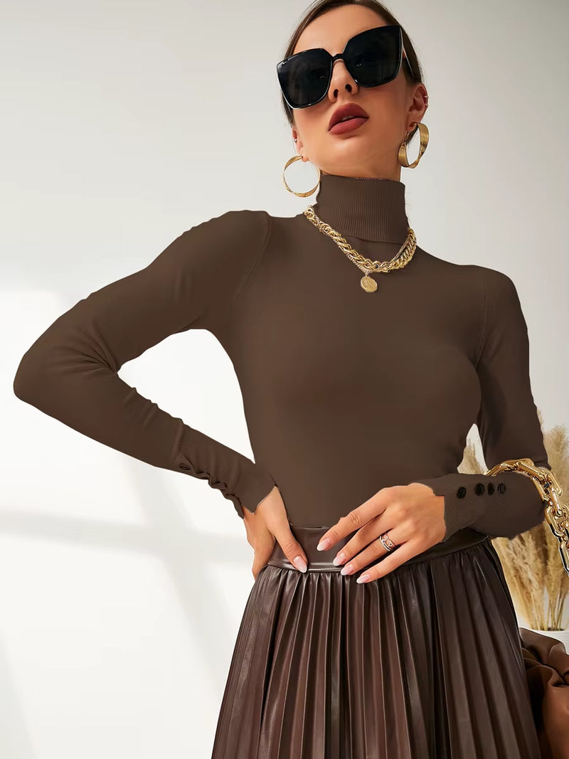 New Winter Spring Women Button Cuff Knit Turtleneck Pullover Loose Sweater Female Korean Fashion Jumper Tops Y2K Clothes Pulls