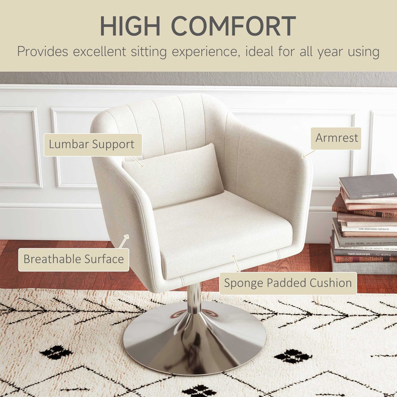 Stylish Retro Cream White Linen Swivel Tub Chair