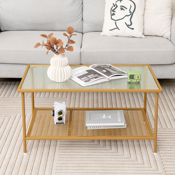 2-Tier Coffee Table with Shelf Tempered Glass Top