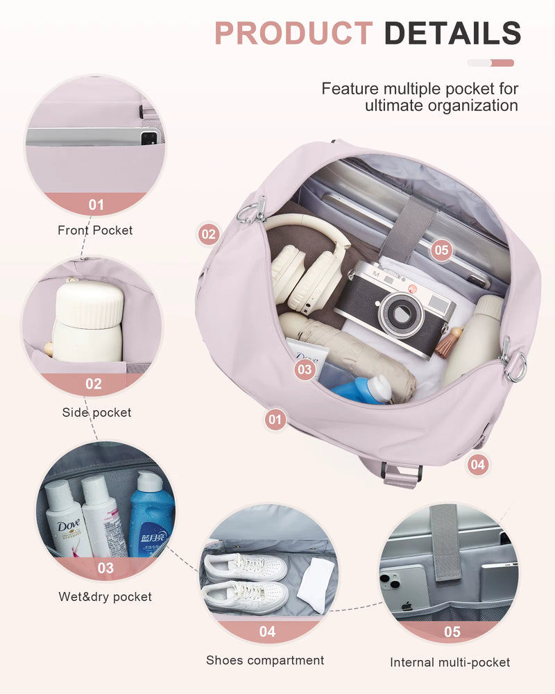 Gym Bag for Women, Large Travel Duffel Bag, Weekender Overnight Bag with Wet Pocket and Shoes Compartment for Travel, Gym, Yoga