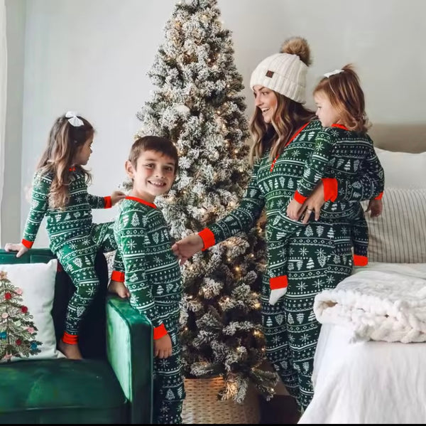 Family Matching Green Christmas Pyjamas Mum Dad Kids Baby