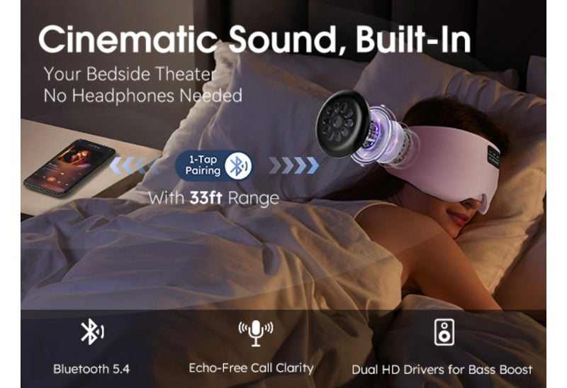 Bluetooth Noise Reducing Blackout Sleep Mask with Cinematic Built-In Sound, Pink