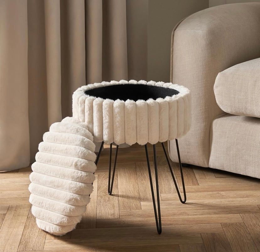 Cream Faux Fur Ribbed Storage Plush Vanity Stool