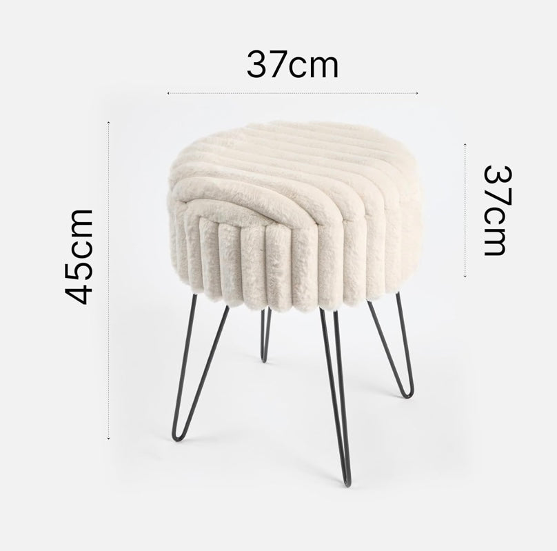 Cream Faux Fur Ribbed Storage Plush Vanity Stool