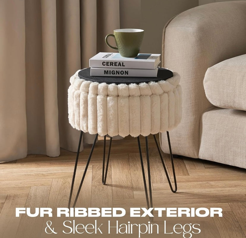 Cream Faux Fur Ribbed Storage Plush Vanity Stool