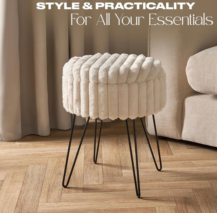Cream Faux Fur Ribbed Storage Plush Vanity Stool
