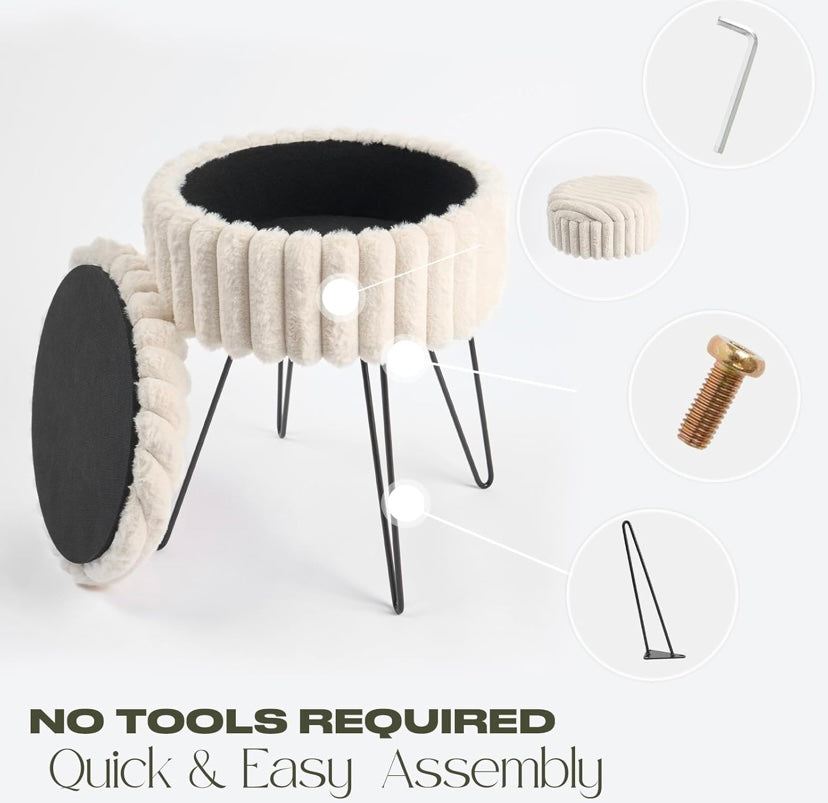 Cream Faux Fur Ribbed Storage Plush Vanity Stool