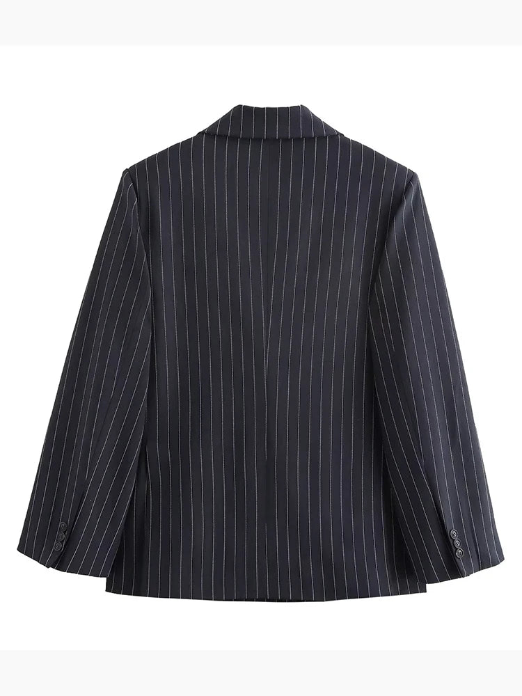 Navy Blue Pinstripe Single Breast Classic Women's Blazer