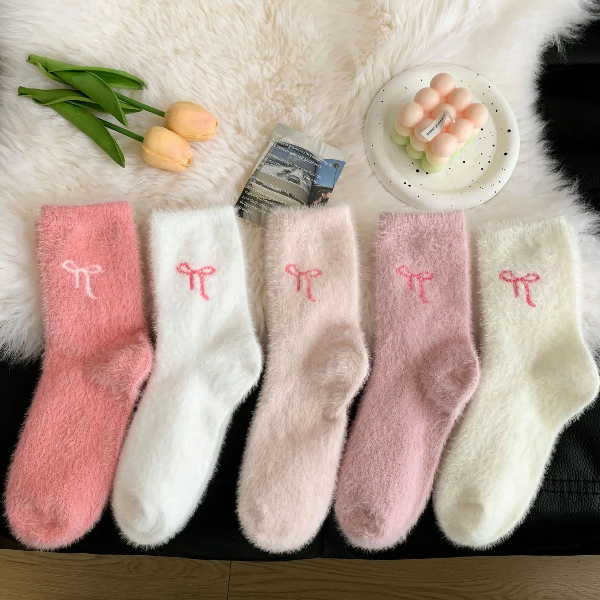 5 Pairs Cute Cosy Pink Bow Winter Socks for Girls