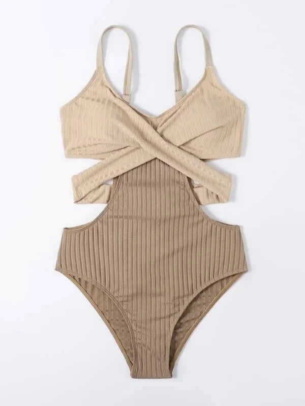 One Piece Women's Cut-Out Glamorous Beach Swimsuit in Cream & Khaki