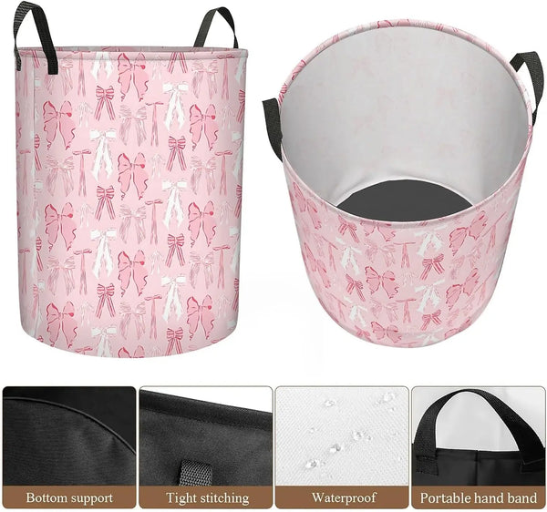 Pink Bows Laundry Basket Foldable with Handles, Waterproof Oxford Cloth Laundry Hamper Clothes Storage Bucket Toy Organizer