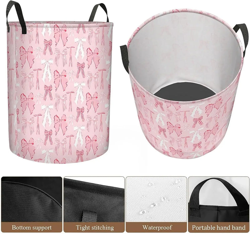 Pink Bows Laundry Basket Foldable with Handles, Waterproof Oxford Cloth Laundry Hamper Clothes Storage Bucket Toy Organizer