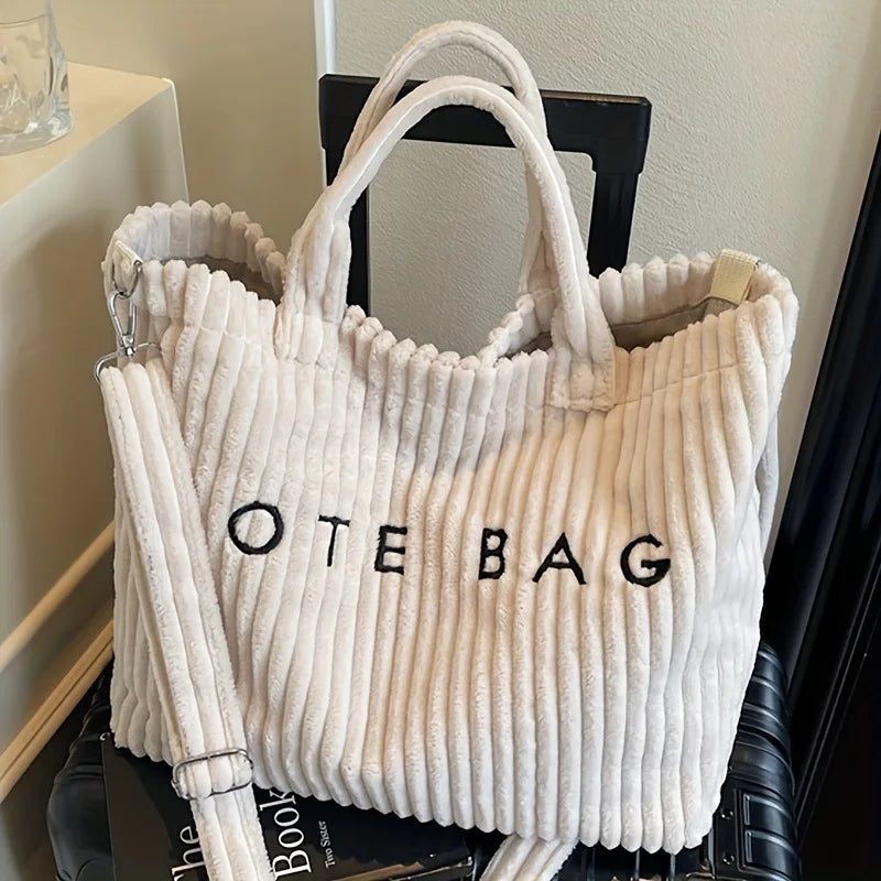Large Capacity Striped Velvet Corduroy Tote Handbag