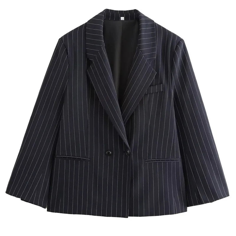 Navy Blue Pinstripe Single Breast Classic Women's Blazer