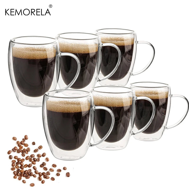 2/4/6PCS 350ML Double Wall Glass Coffee Mug With Handle