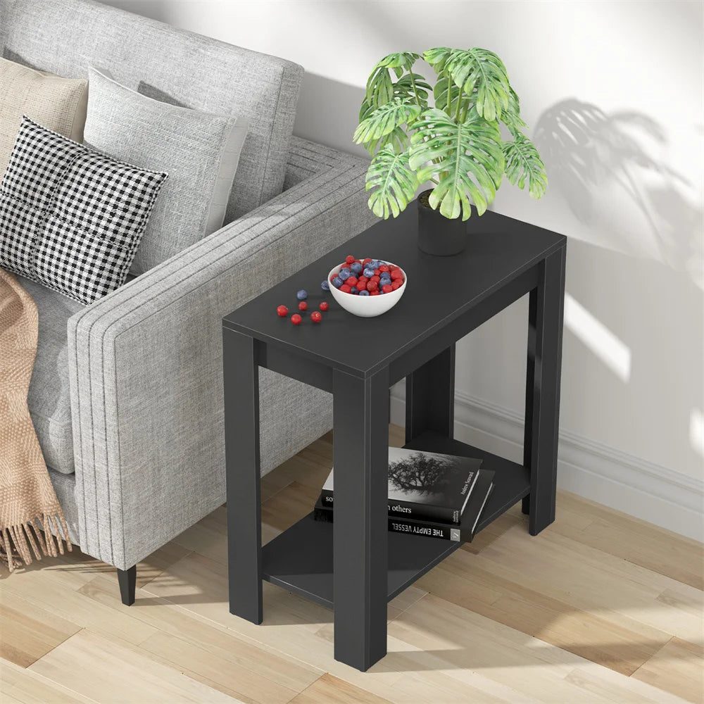 Space Saving Side Table in Black with 2-Tier Open Storage