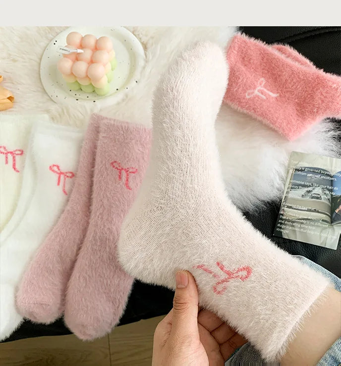 5 Pairs Cute Cosy Pink Bow Winter Socks for Girls