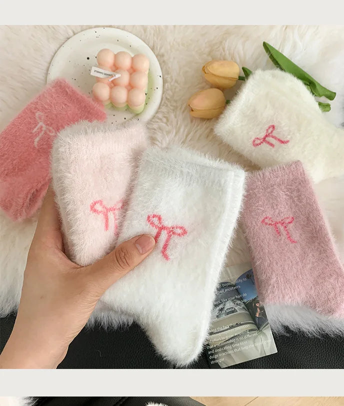5 Pairs Cute Cosy Pink Bow Winter Socks for Girls