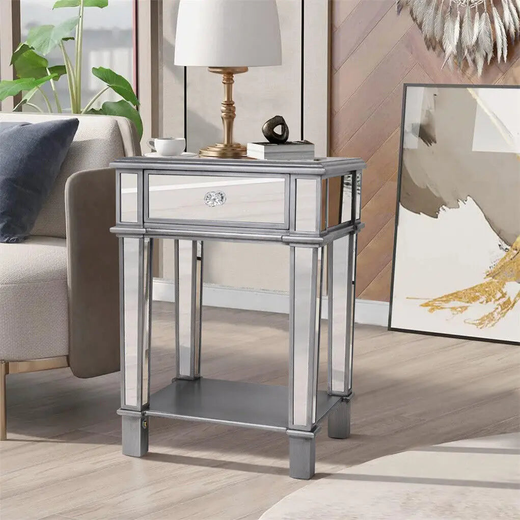 Stunning Silver Glass Mirrored Side Table Nightstand