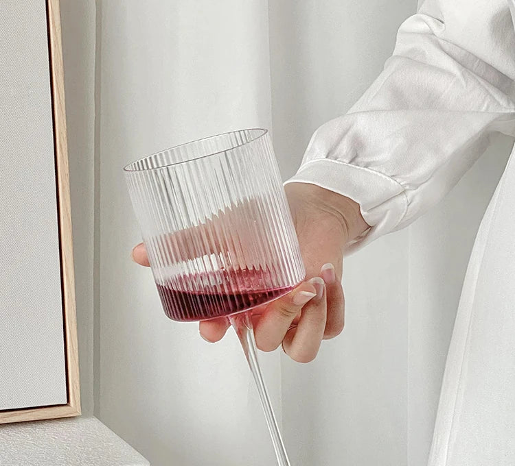 Elegant Ribbed Wine Glass Long Stem Unique Modern Shape