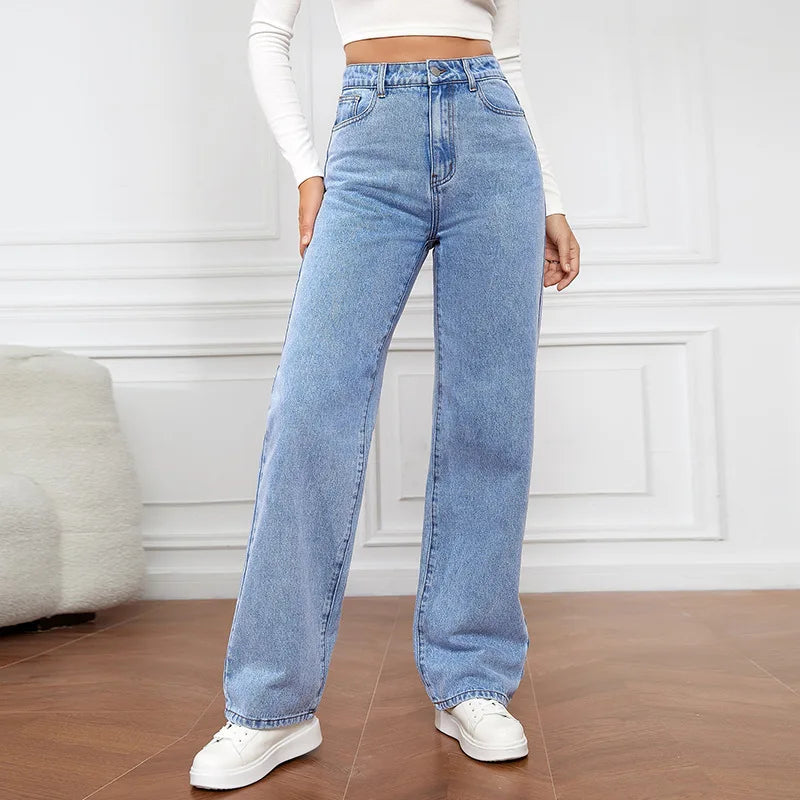 Fashion Retro Blue Jeans Women Y2K High Street Baggy Straight Pants High Waisted All-In-One Slim Pants