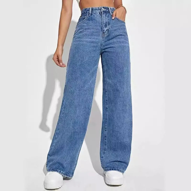 Fashion Retro Blue Jeans Women Y2K High Street Baggy Straight Pants High Waisted All-In-One Slim Pants