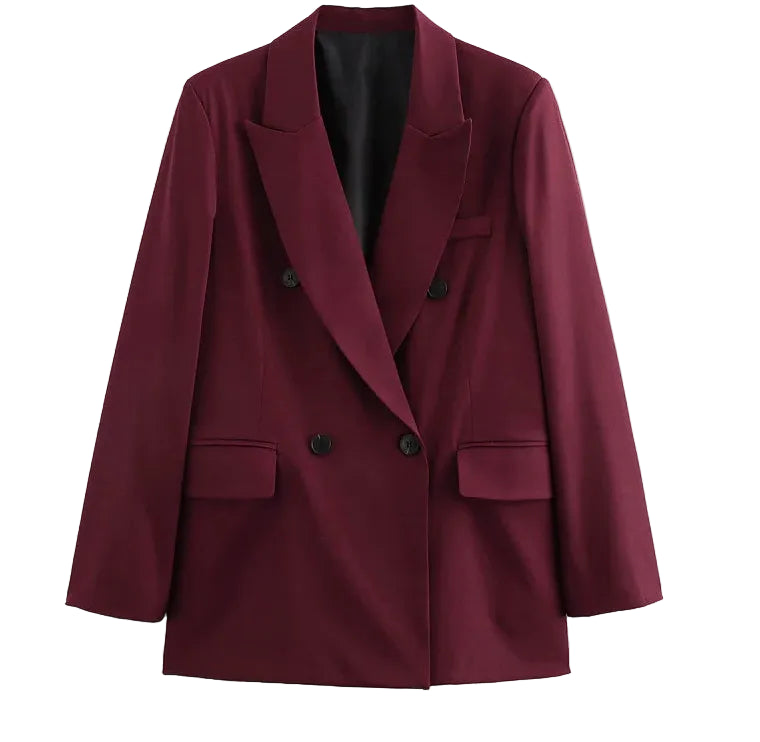 Women's Trending Oversized Double Breasted Blazer in Burgundy